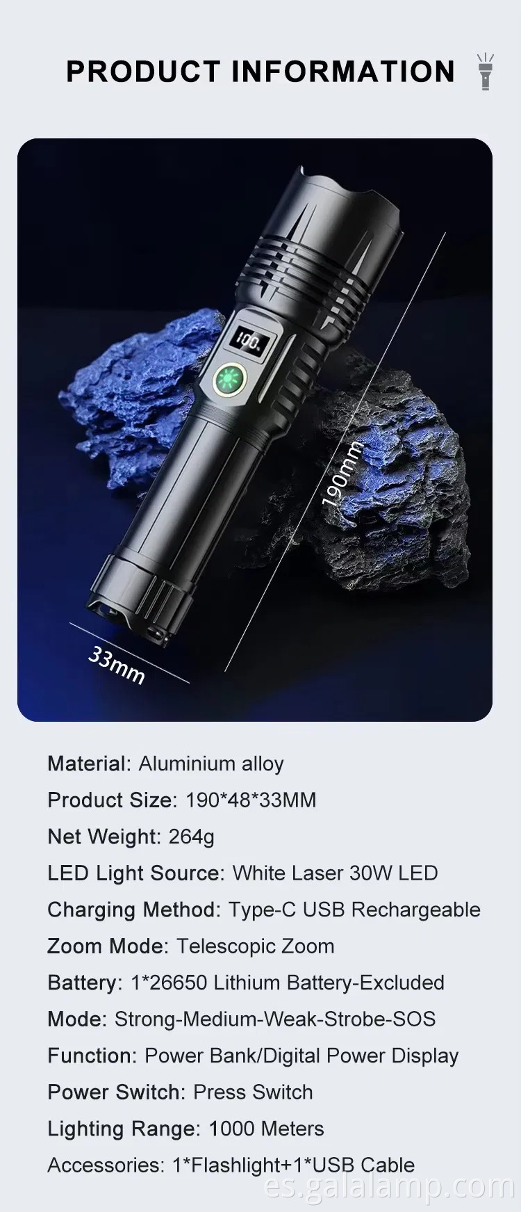 Zoom de alta potencia, pantalla digital de luz fuerte de luz multifuncional, linterna ajustable de nivel múltiple